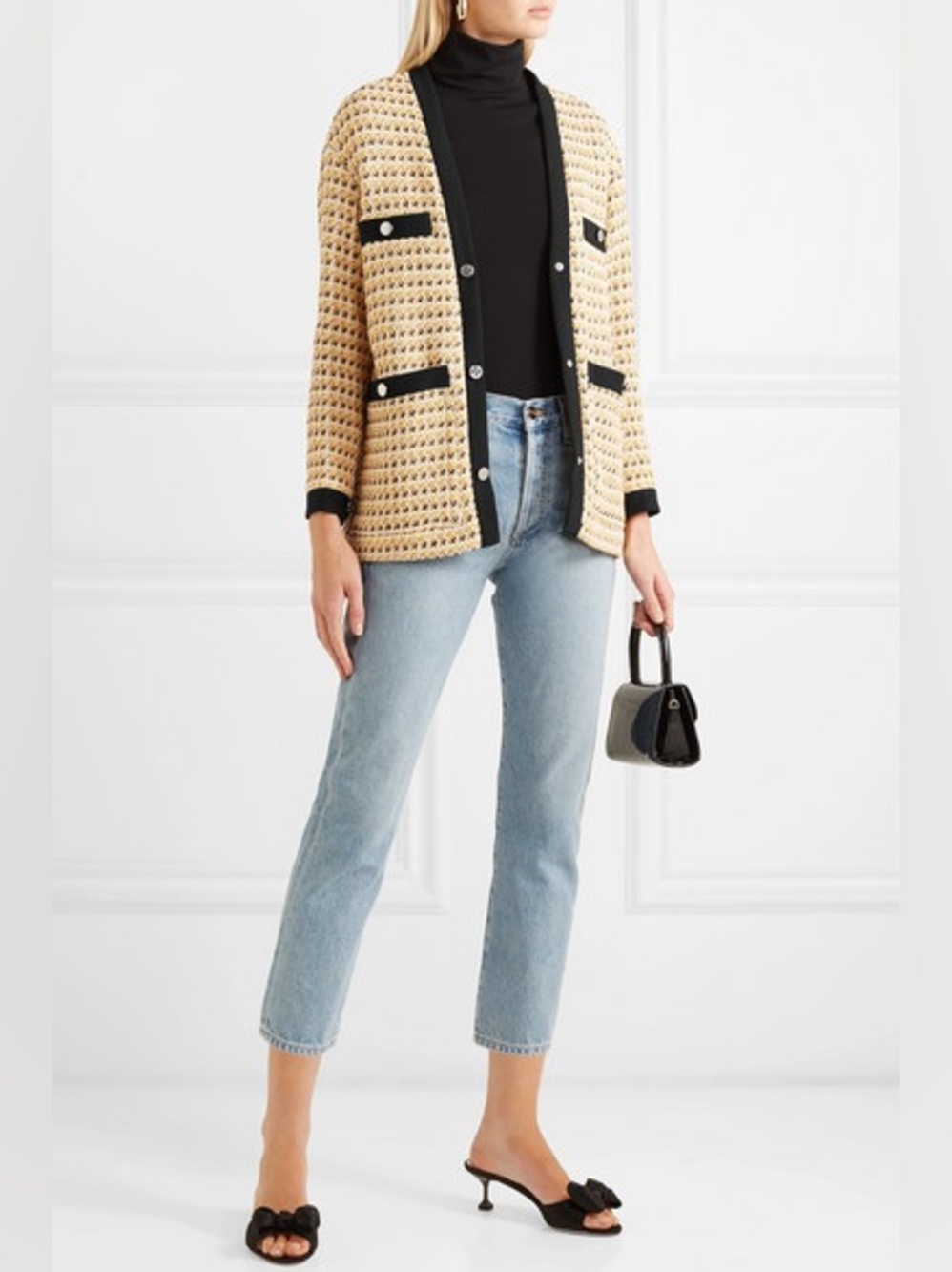 Maje Metallic Cotton Blend Tweed Jacket Button Front Pockets Black Yellow Trim - Picture 2 of 9